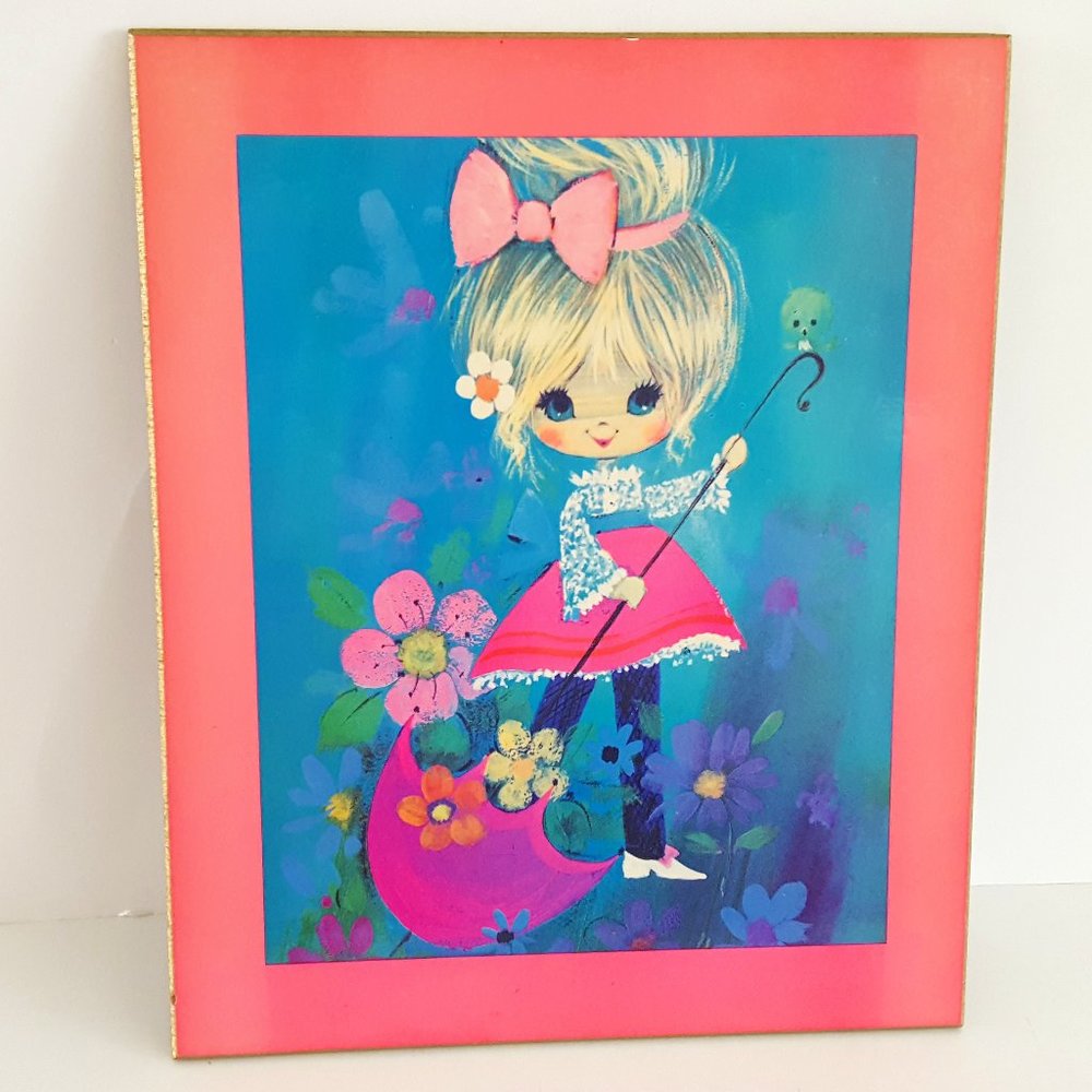 Vintage Wall Hanging Plaque Child's Room Decor Girl with Parasol with Flowers